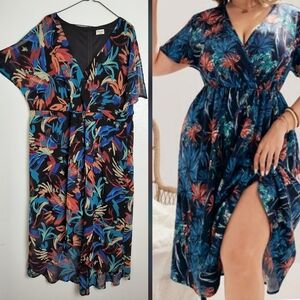Winslow 3X Black Dress Faux Wrap Lining Midi Dress Print - Summer